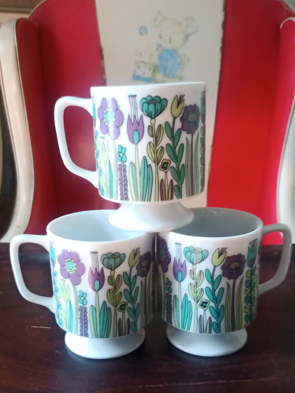 Vintage Teal, Green & Purple Floral Pedestal Mugs - Set of 3
